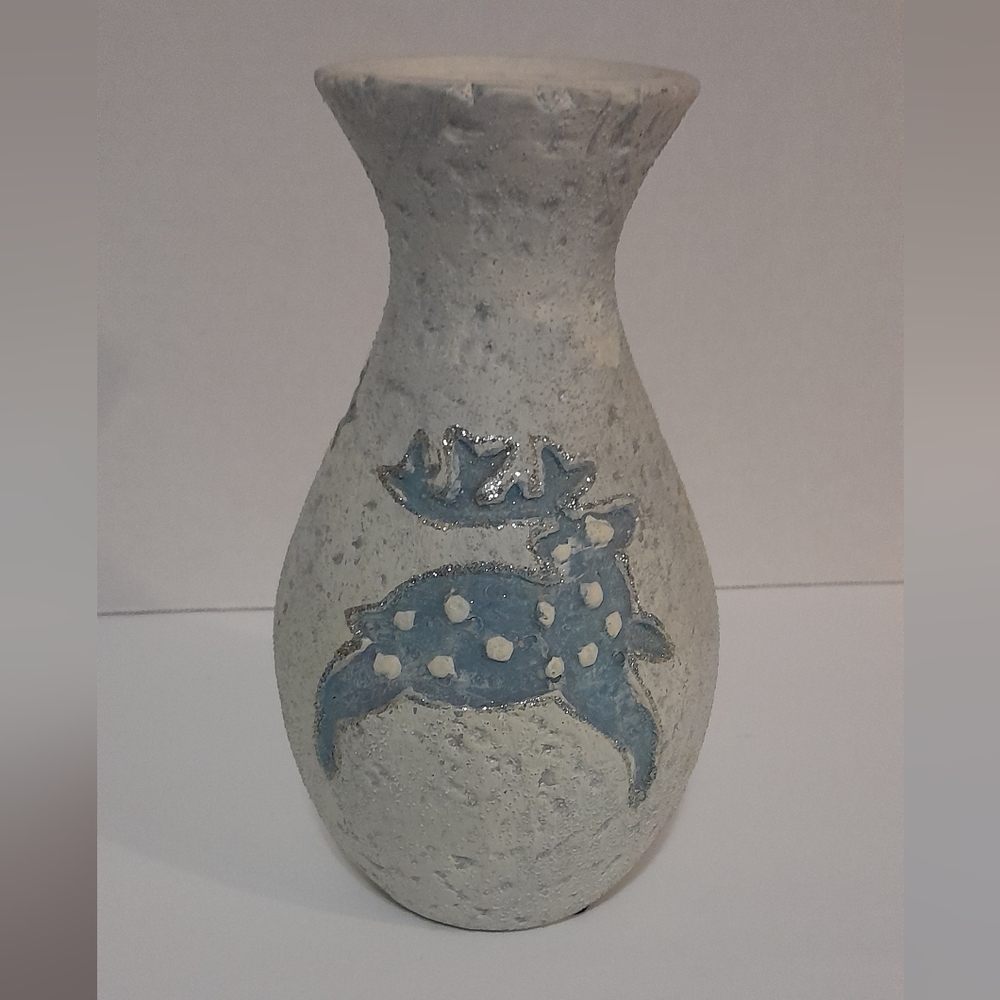 - Textured Ceramic  Blue Vase With Reindeer Trimmed in Sliver. Pre-owned
